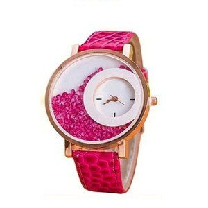 Pink/Rose Leather Band 'Women Rhinestone Elegant Quartz Watch